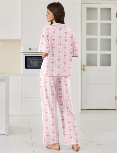 Ekouaer Women Pajamas Set Button Down Sleepwear Short Sleeve Pjs Long Pants - Image 2