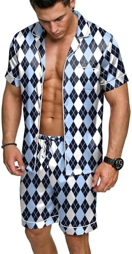 Ekouaer Mens Silk Satin Pajamas Set Short Sleeve Button Up Lounge Pjs Set by EKOUAER
