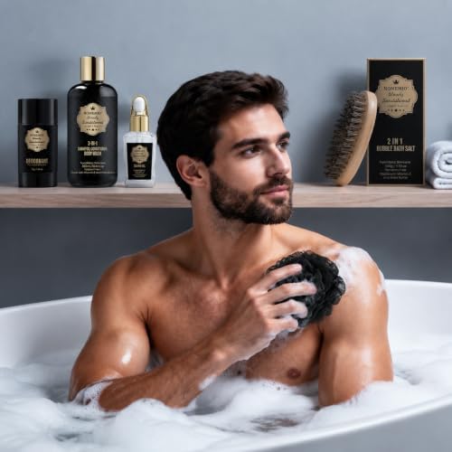 Luxury Spa Gift Basket for Men, Father's Day Gifts, Sandalwood Bath Gift Set, 2-in-1 Body Wash, Deodorant, Beard Oil, Hand Towel, Brush, Scissors, Combs, Woven Basket - Image 5