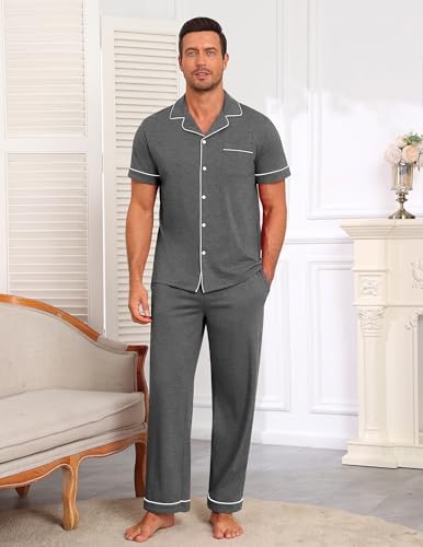 Ekouaer Men's Cotton Pajama Set Short Sleeve Button Down Sleepwear Pjs - Image 2