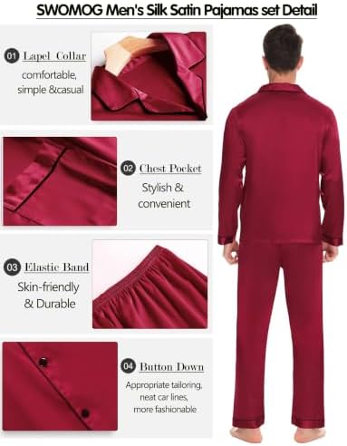 SWOMOG Mens Silk Satin Pajamas Set Long Sleeve Sleepwear Button-Down Pj Two-piece Loungewear with Long Pants S-XXL - Image 4
