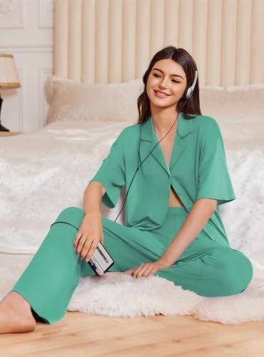 Ekouaer Women Pajamas Set Button Down Sleepwear Short Sleeve Pjs Long Pants - Image 4