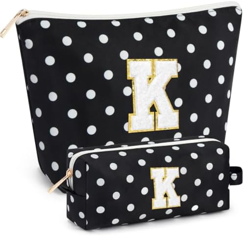 mibasies 2 PCS Initial Makeup Bags for Women: Cosmetic Bag for Travel Toiletry - Birthday Gifts for Teen Girl Gifts Trendy Stuff - Graduation Teacher Gift for Girlfriend -Polka Dot Black K by mibasies