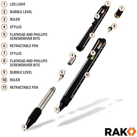 RAK Multitool Pen - Multi-Tool Pen Set 11 in 1, LED Light, Screwdrivers, Level, Ruler, Bottle Opener, and Stylus. Cool Gadgets Gifts for Men, Dad, EDC Tactical Pen Tool, Gift-Ready Box, Pack of 2 - Image 3