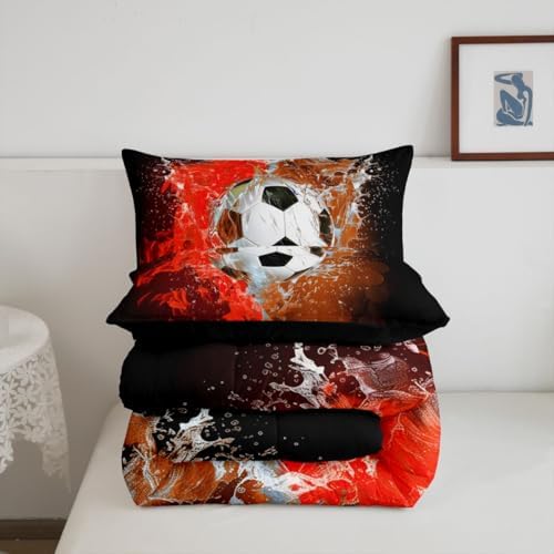 Erosebridal Soccer Print Kids Bedding | 3D Football Pattern Comforter Sets King,Red Flame Soccer Comforter Sports Games Duvet Insert with 2 Pillow Cases - Image 6