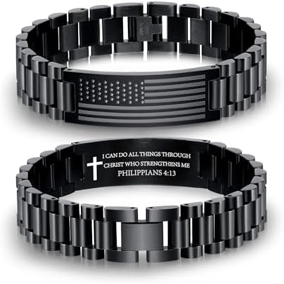 P. BLAKE American Flag Bible Verse Bracelet for Men, Stainless Steel Engraved Scripture Bracelet Christian Religious Christmas Birthday Jewelry Gifts by PBLAKE