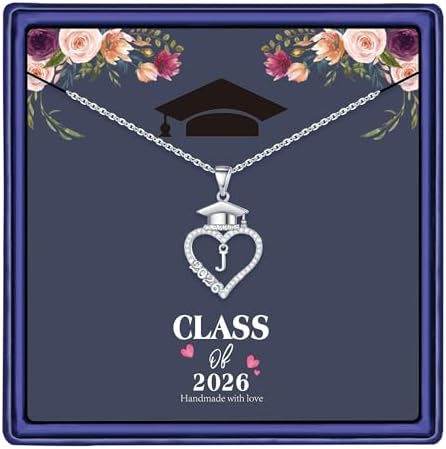 M MOOHAM Graduation Gift for Her 2026, 14K White Gold Plated CZ Graduation Cap Heart Pendant Initial Necklaces for Women Teen Girls High School College Graduation Gift for Her by MMOOHAM