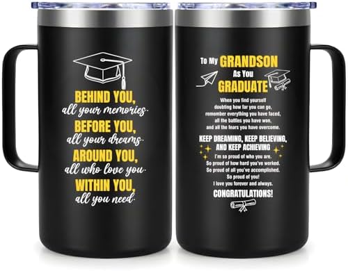 Grandson Graduation Gifts 2026, Insulated Coffee Mug with Handle 20oz, Graduation Gift for Grandson, College and High School Grad Gifts for Him, Proud Message Tumbler with Lid by TSIMPLE