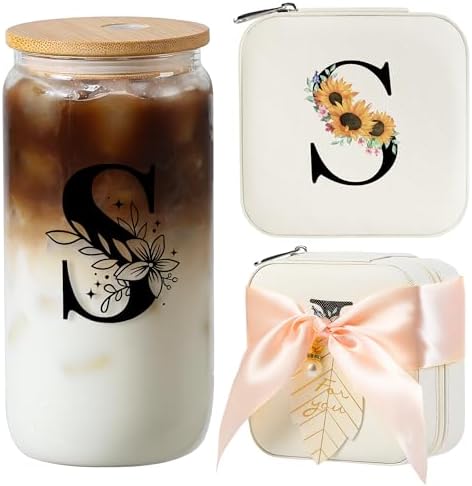 AYGXU Initial glass cups with lids and straws,personalized gifts for women,iced coffee cups,small jewelry box,travel jewelry case organizer,small jewelry travel case,Initial S white by AYGXU