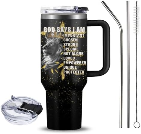 Christian Gifts for Men, 40 oz God Says I Am Lion Tumbler with Handle, Inspirational Religious Birthday Gifts, Lion Christian Gift for Spiritual Catholic Faith Jesus Bible God Prayer Cup - Image 3