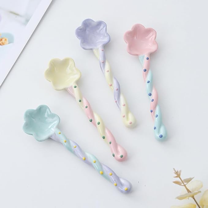 4-Pack - Ceramic Vintage Afternoon Tea, Coffee Whisk, Floral embossed beaded dessert spoon，Handmade Spoon, Long-Handle Coffee Scoop, tea scoop for loose tea, Size 5.9 * 1.5in(15 * 4cm)