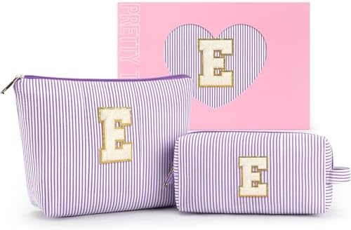 mibasies 2 PCS Initial Makeup Bags for Women: Cosmetic Bag for Travel Toiletry - Personalized Cute Makeup Pouch - Gifts for Grilfriend Wife Moms Bridesmaid - Retirement Travel Gifts - Purple E by mibasies
