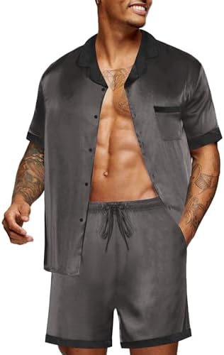 Ekouaer Men Silk Pajamas Set 2 Pieces Satin Pj Button Down Loungewear Sets by EKOUAER