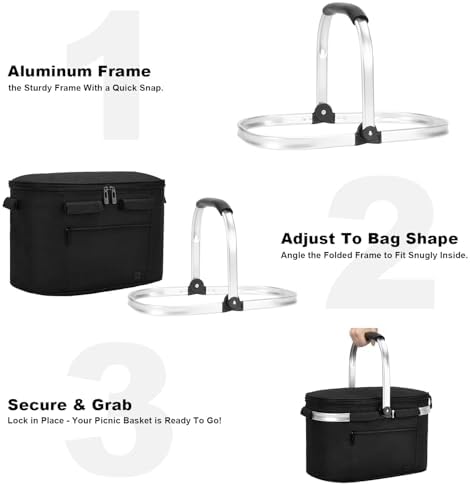 ALLCAMP Picnic Basket, 22L Insulated Cooler Foldable, Thick, Black - Image 3
