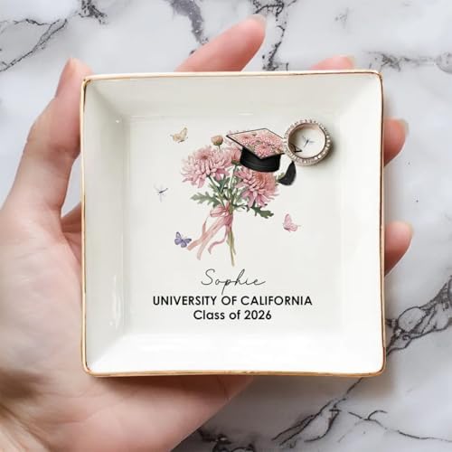 Wrappiness Personalized Graduation Trinket Tray, Custom Flower College High School Ring Dish Grad Gift for Daughter, Class of 2026 Graduation Gift for Her, Birth Month Flower Ceramic Jewelry Dish - Image 4