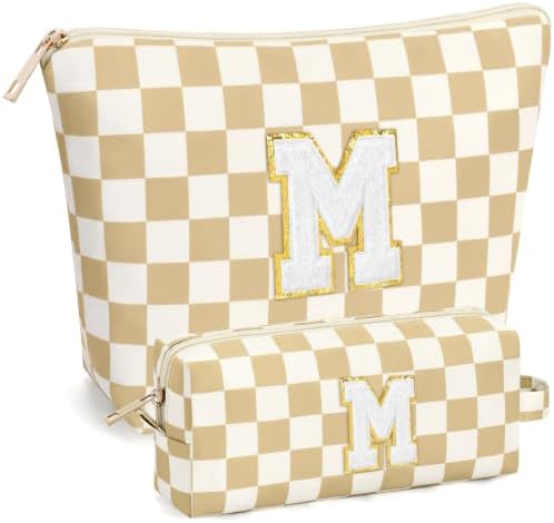 mibasies 2 PCS Initial Makeup Bags for Women: Cosmetic Bag for Travel Toiletry - Birthday Gifts for Teen Girl Gifts Trendy Stuff - Graduation Teacher Gift for Girlfriend -Checkered Brown M by mibasies