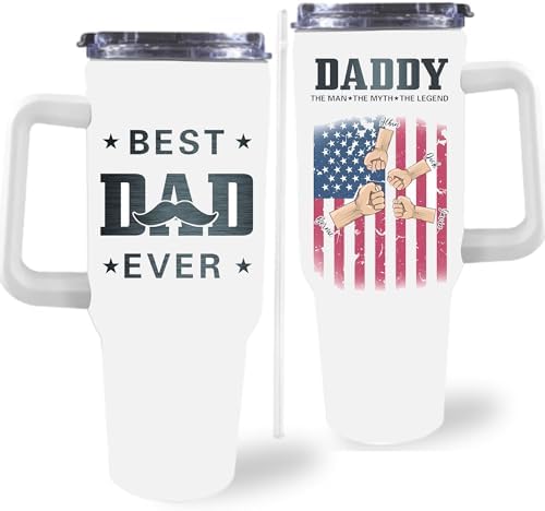 Dad Gifts for Dad from Daughter Son Best Dad Ever Tumbler with Handle and Straw 40oz, Personalized Dad Tumbler with Kids Names, Custom Coffee Tumbler for Dad Birthday Christmas Fathers Day Cup Gift by Artsadd