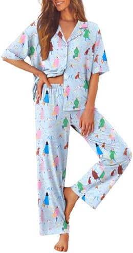 Ekouaer Women Pajamas Set Button Down Sleepwear Short Sleeve Pjs Long Pants by EKOUAER