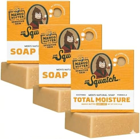 Dr. Squatch NEW Total Moisture Men's Bar Soap - 3-Pack Mango Butter - No Added Fragrance - Soothing Next-Level Nourishment - Formulated for Sensitive Skin - Non-Exfoliating by DrSquatch