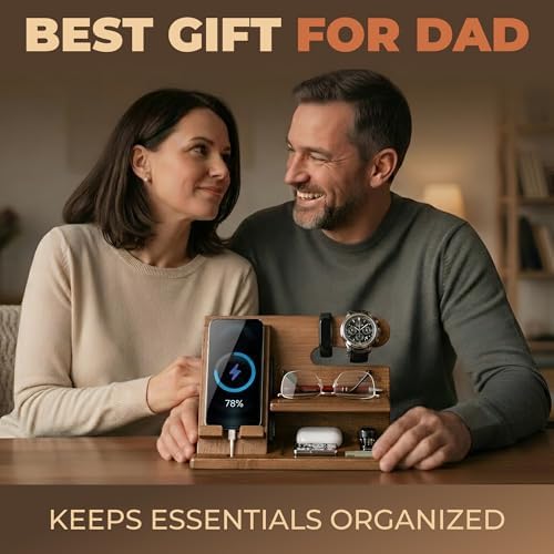 TESLYAR Wood Phone Docking Station for Men - Desktop or Nightstand Organizer - Birthday Gifts for Men, Dad - Anniversary Idea from Wife - Key Holder, Stand Wallet, Watch & Essentials (Earth Beige) - Image 4