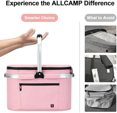 ALLCAMP Picnic Basket, 22L Insulated Cooler Foldable, Thick, Pink - Image 5