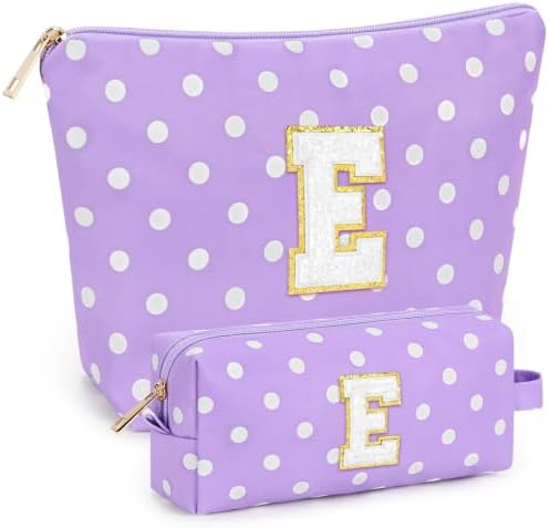 mibasies 2 PCS Initial Makeup Bags for Women: Cosmetic Bag for Travel Toiletry - Birthday Gifts for Teen Girl Gifts Trendy Stuff - Graduation Teacher Gift for Girlfriend -Polka Dot Purple E by mibasies