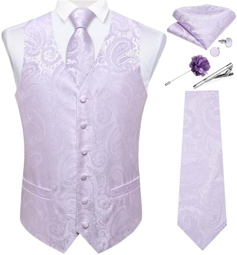 DiBanGu Mens Vest and Tie Set Formal Paisley Waistcoat and Necktie Pocket Square Cufflinks Silk Suit Vest for Tuxedo Wedding by DiBanGu
