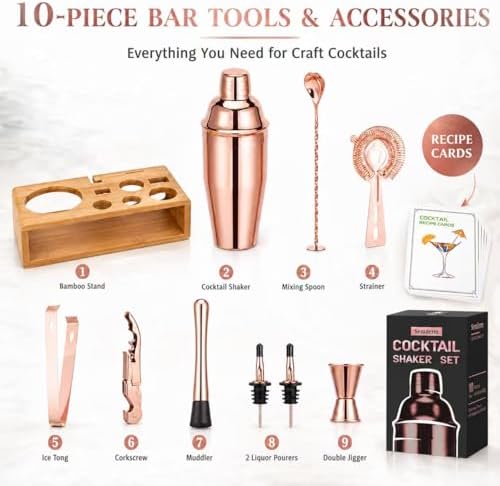 Rose Gold Cocktail Shaker Set, Premium 18/8 Stainless Steel Mixology Bartender Kit with Stylish Bamboo Stand 10-Piece Bar Tools & Accessories for Home Decor - Gift for Women, Mom, Wedding - Image 2