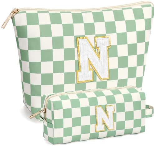 mibasies 2 PCS Initial Makeup Bags for Women: Cosmetic Bag for Travel Toiletry - Birthday Gifts for Teen Girl Gifts Trendy Stuff - Graduation Teacher Gift for Girlfriend -Checkered Green N by mibasies