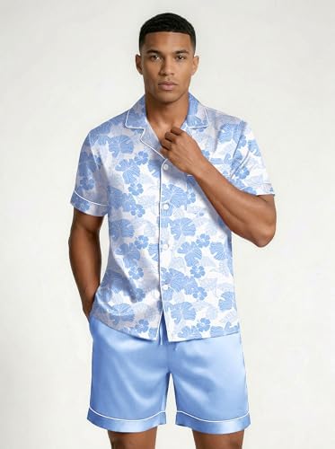 Ekouaer Mens Silk Satin Pajamas Set Short Sleeve Button Up Lounge Pjs Set - Image 3