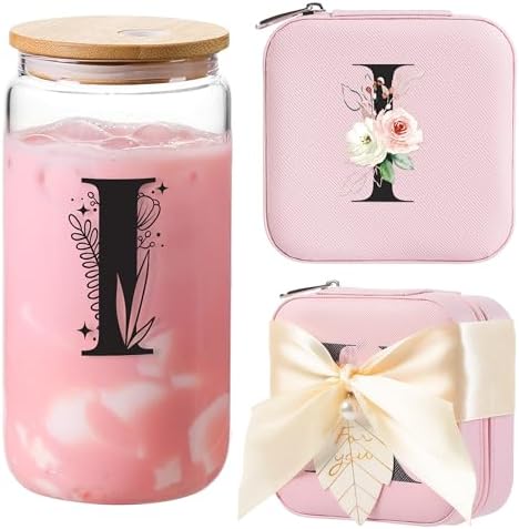 AYGXU Small Travel Jewelry Case, Portable Jewelry Box, Organizer Storage Holder Box, Iced Coffee Cute Tumbler Cup, Bamboo Lids for Glass, Teacher Gifts for Women, Initial I Pink by AYGXU