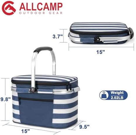 ALLCAMP Picnic Basket, 22L Insulated Cooler Foldable, Thick, Blue White - Image 2