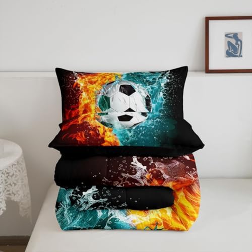 Erosebridal Soccer Bedding Full,Ice Flame Soccer Comforter Set Playroom Sports Bed Sets Football Themed Duvet Insert 3 Pieces - Image 6