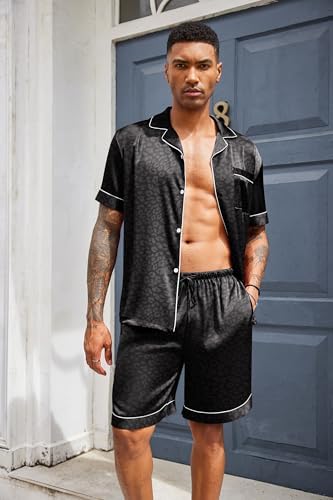 Ekouaer Mens Silk Satin Pajamas Set Short Sleeve Button Up Lounge Pjs Set - Image 4