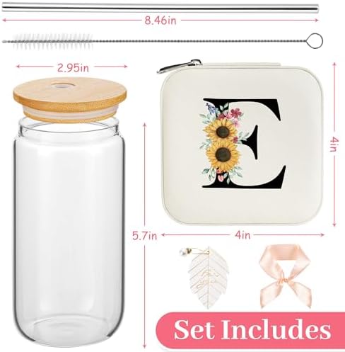 AYGXU Travel Jewelry Cases Organizer,Travel Essentials,Travel Gifts for Women Girls,16oz glass cup with bamboo lid and straw,aesthetic glass cup,Cute Tumbler Cup,Teacher Gifts,Initial E white - Image 2