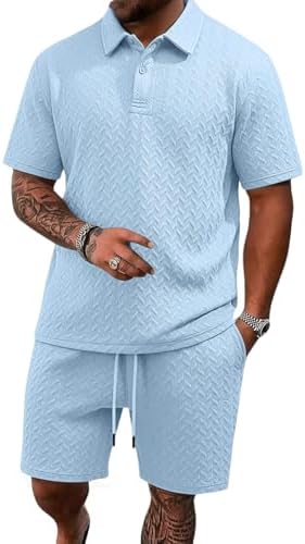 Men's 2 Pieces Outfits Casual Polo Shirt and Shorts Set Collar Athletic Jogging Summer Tracksuit by LINENNMAIN