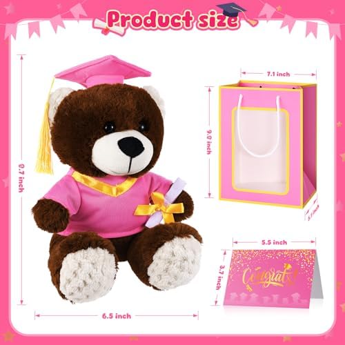 Bear with Graduation Cap Toys Class of 2026 Plush Stuffed Teddy Bear Animal Dog Cap and Gown with Greeting Card and Bag for Graduation Day Gift(Pink) - Image 2