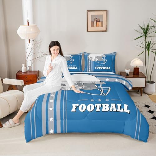 Erosebridal Football Comforter Set Full, Kids Sports Bedding, Sport City Style Bedding Set Boys Sports Rugby Game Comforter Sports Team Blue White Stars and Stripes Duvet Set - Image 2
