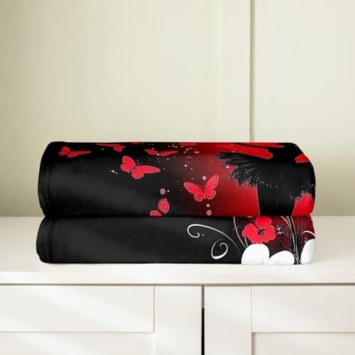 Erosebridal Red Butterfly Flannel Blanket Twin 60x80 Inch Ballet Fleece Blanket Florals Ink Style Branch Fuzzy Plush Throw Ballerinas Silhouette Ink Dots Living Room Decor - Image 4