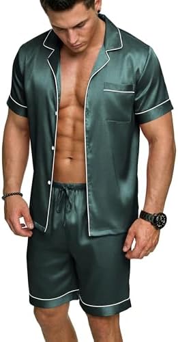 Ekouaer Mens Silk Satin Pajamas Set Short Sleeve Button Up Lounge Pjs Set by EKOUAER