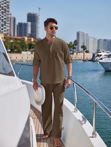 COOFANDY Men’s 2 Piece Cotton Linen Set Casual Beach Outfits Long Sleeve - Image 3