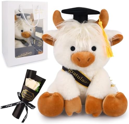 2026 Graduation Plush Toy- White Highland Cow with Gift Box Stuffed Animal by JIZWPOOM