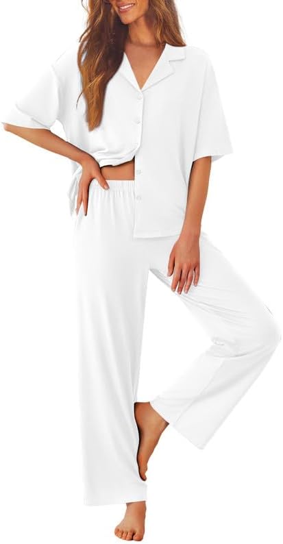 Ekouaer Women Pajamas Set Button Down Sleepwear Short Sleeve Pjs Long Pants by EKOUAER