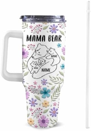 Gifts for Mom from Daughter Son, 40OZ Personalized Mama Bear Tumbler with Handle and Straw, Custom Mom Coffee Tumbler with Kids Names, Personalized Birthday Mothers Day Gift for Women, Her, Grandma - Image 2