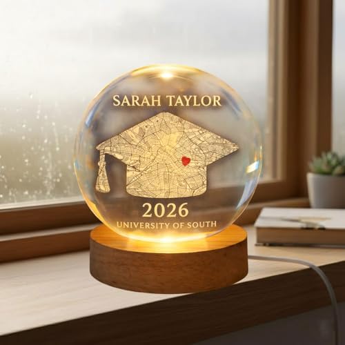 Daty Personalized Graduation Crystal Ball LED Night Light Class of 2026, Map Cap 3D Laser Engraved Crystal Sphere Gift for College Graduate - Image 3