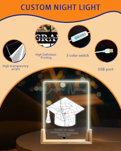 Personalized Graduation Gifts Custom Photo Name Night Light LED Table Lamp for 2026 University High School Senior Keepsake(Map) - Image 5