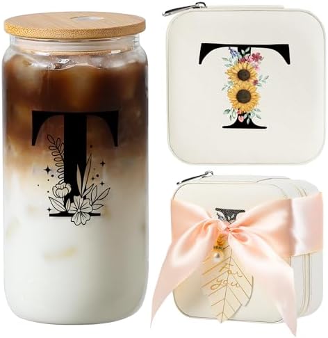 AYGXU Graduation Gifts for Her,Initial Glass Cup with Bamboo Lid Straw, Trendy Travel Jewelry Case, Monogrammed Gifts for Women, Personalized Mothers Day, Birthday Gifts for Her Mom.Initial T white by AYGXU