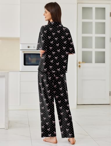 Ekouaer Women Pajamas Set Button Down Sleepwear Short Sleeve Pjs Long Pants - Image 2