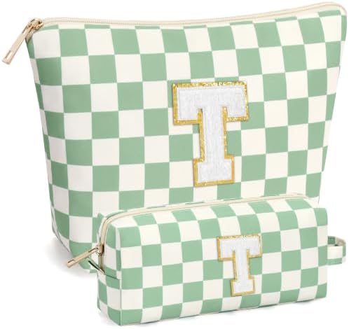 mibasies 2 PCS Initial Makeup Bags for Women: Cosmetic Bag for Travel Toiletry - Birthday Gifts for Teen Girl Gifts Trendy Stuff - Graduation Teacher Gift for Girlfriend -Checkered Green T by mibasies