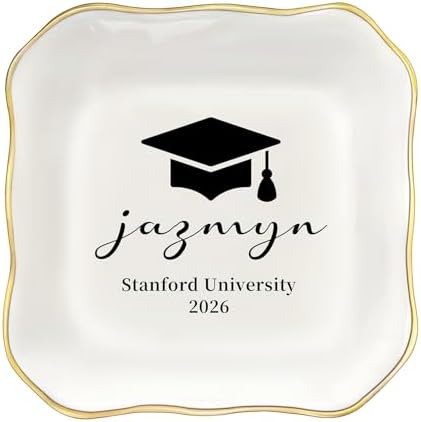 College and High School Graduation Gift for Her, Personalized Graduation Jewelry Dish Class of 2026, Ceramic Ring Tray 4.3x4.3 inches, Customizable Names and Birth Month Flowers by Unknown